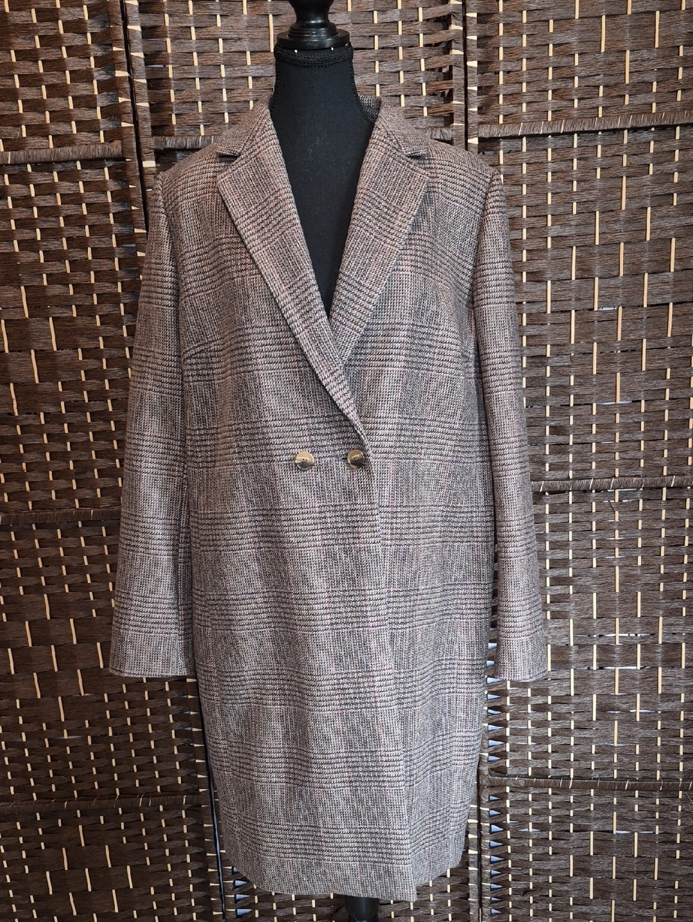 Plaid Double-Breasted Tan Trench Coat